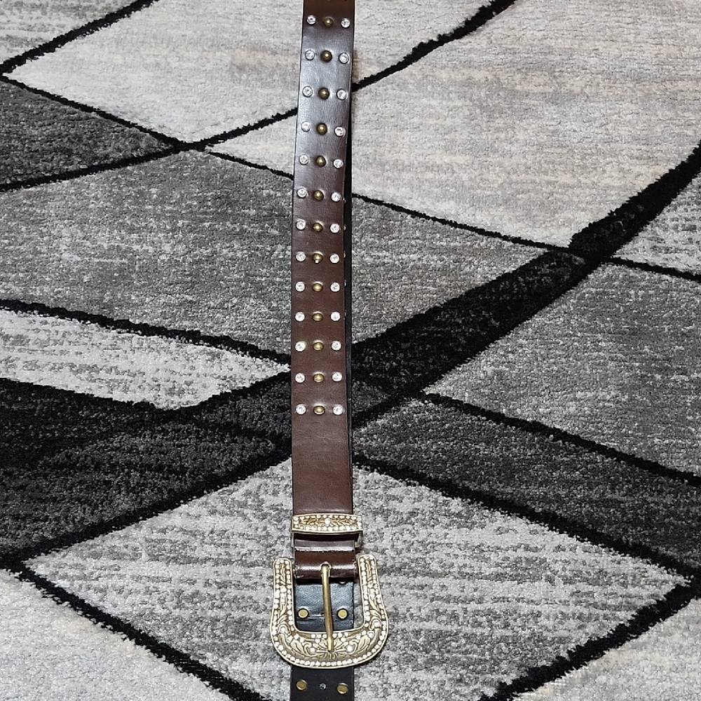 Western Rhinestones Studded Accents Brown Faux-Leather Belt Xl